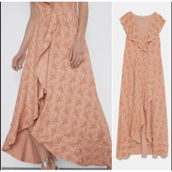 Zara Peach Floral Jacquard Ruffle Sleeve Whimsigoth Hi-Lo Maxi Dress Sz. M - Picture 3 of 12